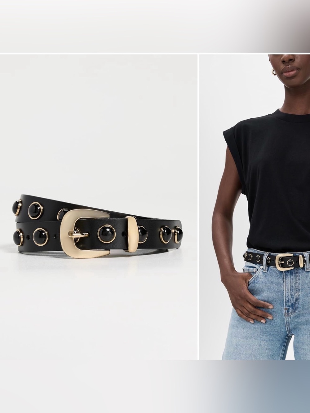 Madewell studded XS gold cabachon black leather western belt NWOT